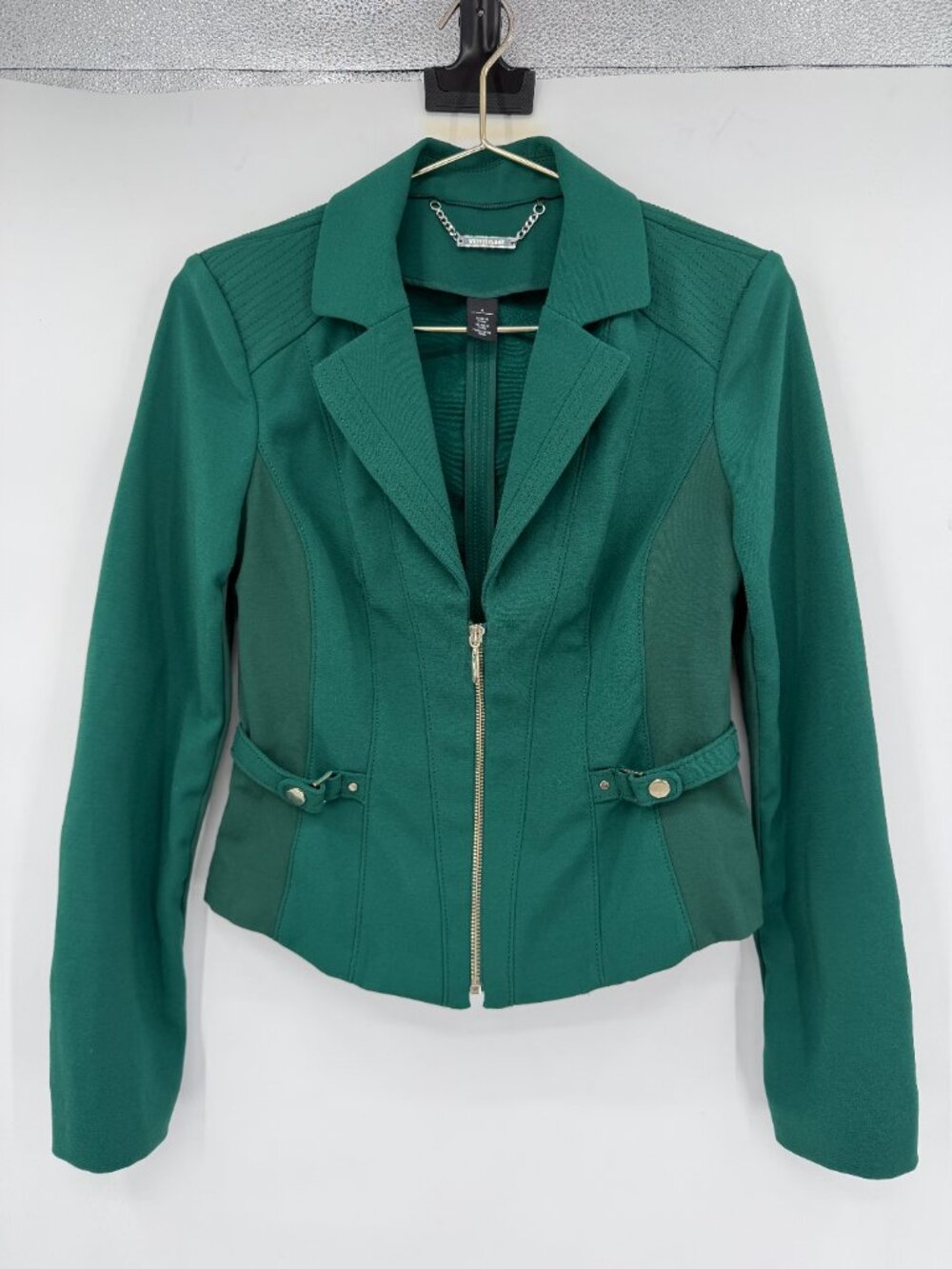 White House Black Market Women’s 4 Green Ponte Knit Moto Blazer Jacket Fall